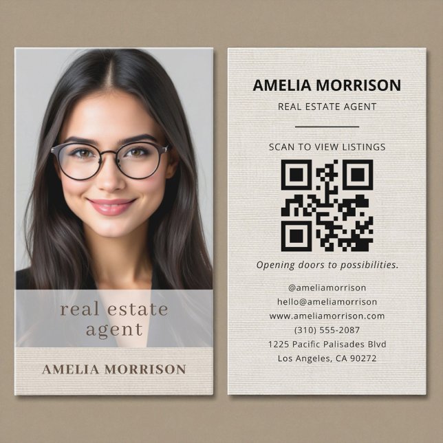 Carte De Visite Agent immobilier Linen Code QR Photo (Créateur téléchargé)