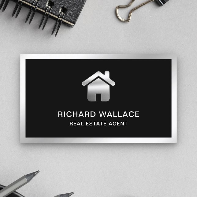 Carte De Visite Agent Immobilier Logo Maison Feuille d'Argent Noir (Créateur téléchargé)