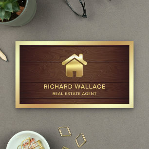 Carte De Visite Agent immobilier Logo Maison Feuille d'Or Bois Rus