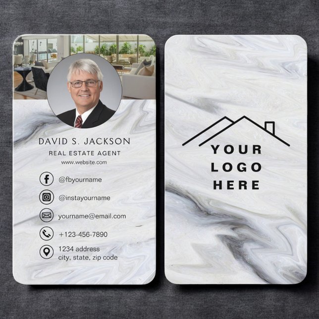 Carte De Visite Agent immobilier Marble Photo Logo (Créateur téléchargé)