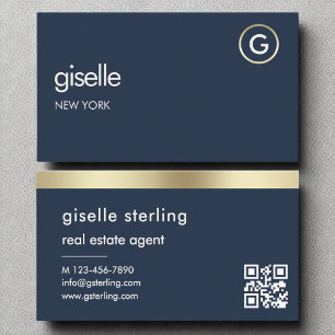 Carte De Visite Agent immobilier Marine bleu QR Code or Monogramme
