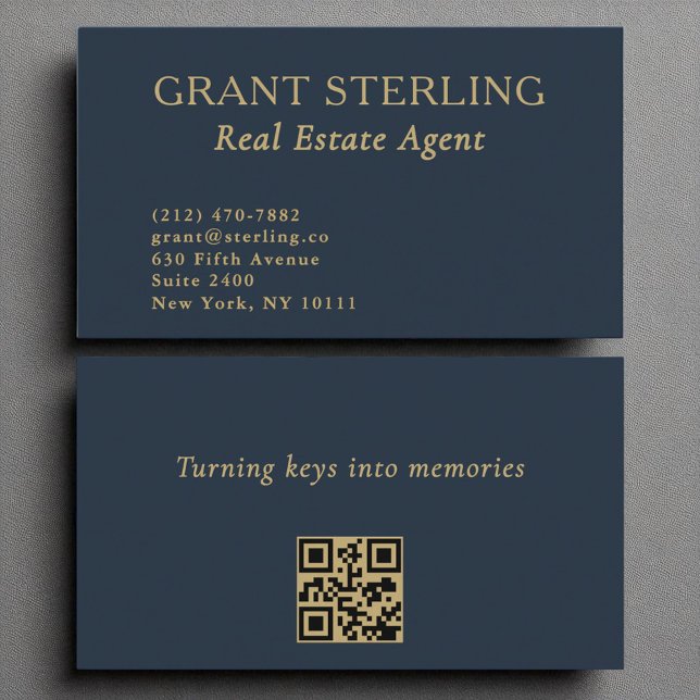 Carte De Visite Agent immobilier Marine Blue Gold QR Code (Créateur téléchargé)