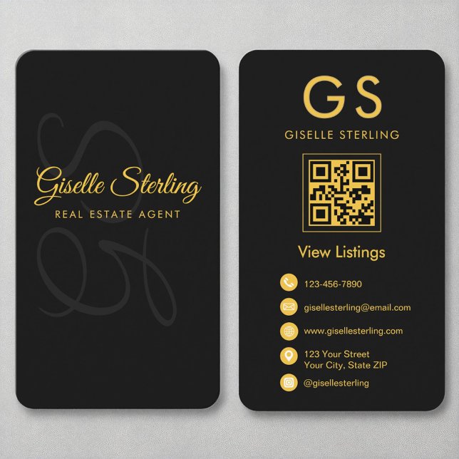 Carte De Visite Agent immobilier Monogramme Black Gold QR Code (Créateur téléchargé)