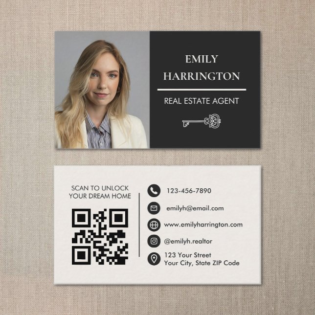 Carte De Visite Agent Immobilier Neutre Code QR Clé Classique (Créateur téléchargé)