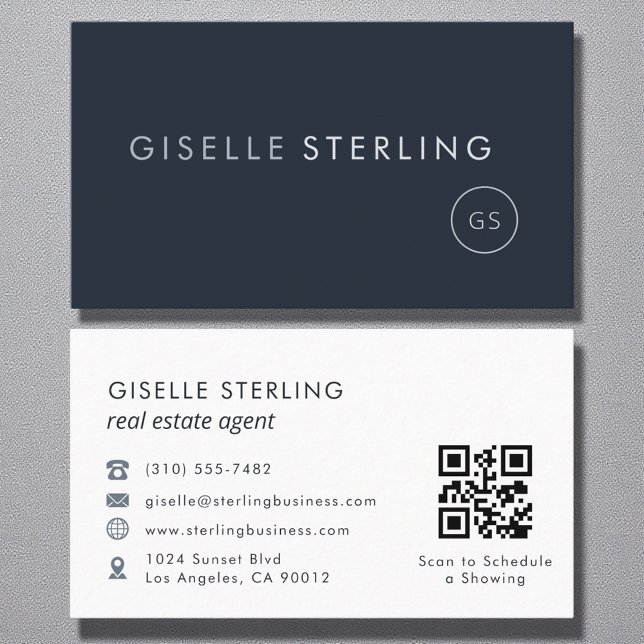 Carte De Visite Agent immobilier QR Code Marine Blue Luxe (Créateur téléchargé)