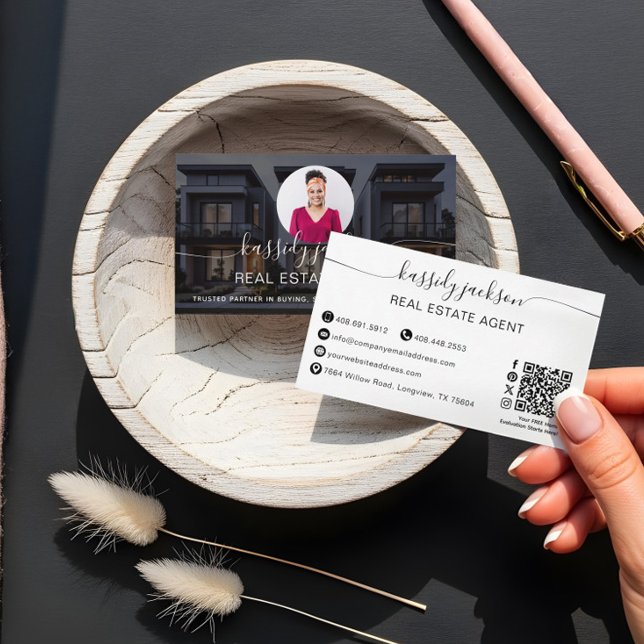 Carte De Visite Agent immobilier Script de code QR photo de luxe (Elegant Script Name Circle Business Photo QR Code Business Card)