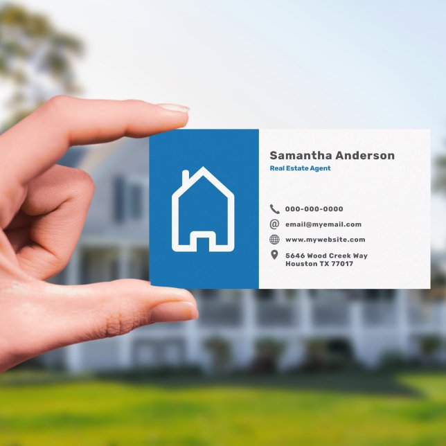 Carte De Visite Agent immobilier simple et bleu (Blue & Simple Real Estate Agent Business Card)