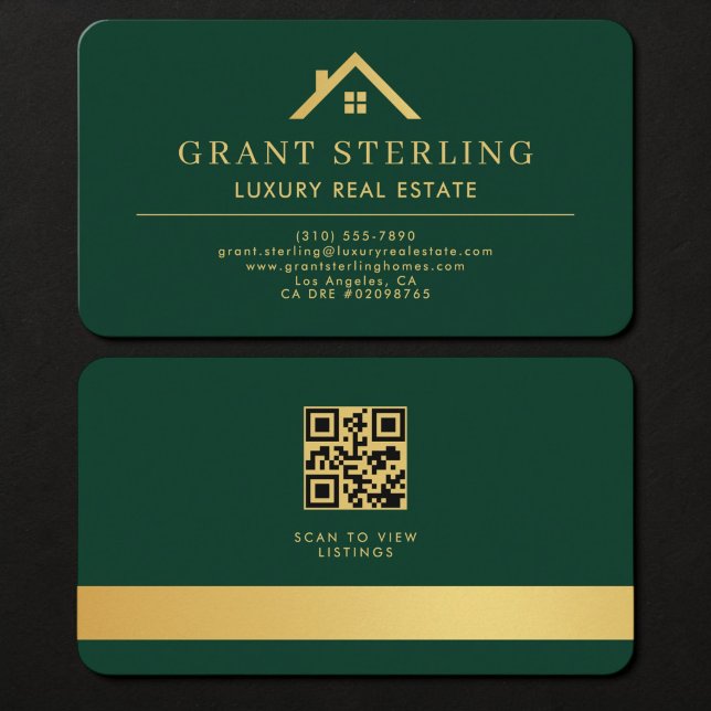 Carte de visite Agent Immobilier Vert Or QR Code (Créateur téléchargé)