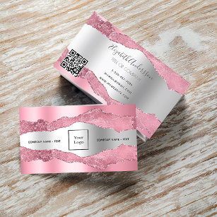 Carte De Visite Aigle en marbre rose vif en métal argenté logo QR 