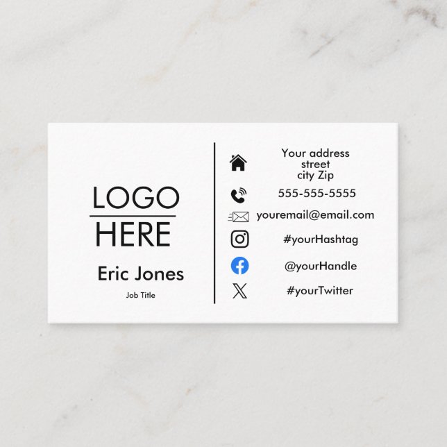 Carte De Visite ajouter le logo BUSINESS LOGO et médias sociaux Bu (Devant)