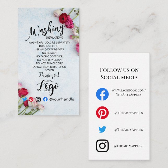 Carte De Visite AJOUTER LES instructions DE Lavage LOGO Fleur CART (Devant / Derrière)