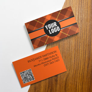 Carte De Visite Ajouter Logo & Code QR Orange Plaid Modern Brandé