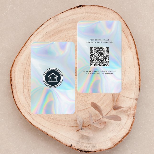 Carte De Visite Ajouter un logo d'entreprise QR Code Agent immobil (Modern Irredescent Holographic QR Code and Logo Business Card)