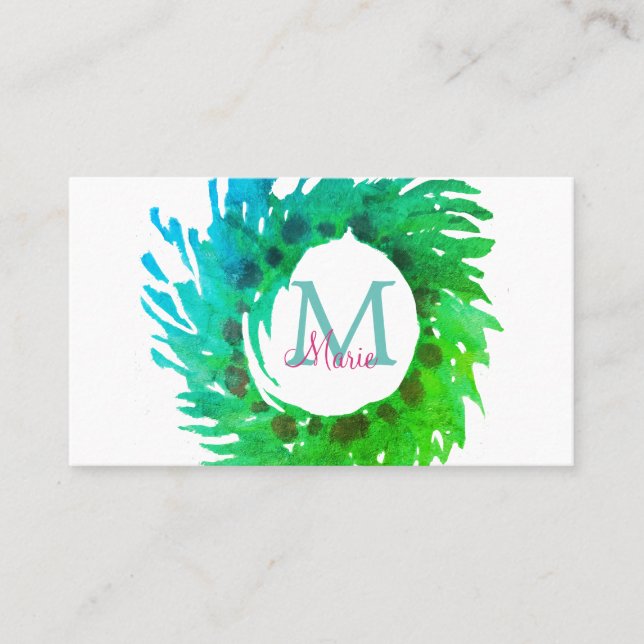 Carte De Visite Ajouter une couronne de Noël vert rose monogramme (Devant)