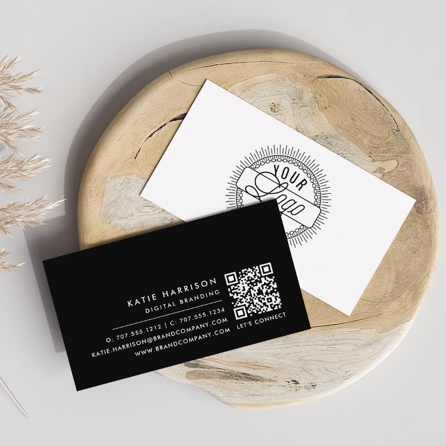 Carte De Visite Ajouter votre logo Modern Minimal noir & blanc QR  (Créateur téléchargé)