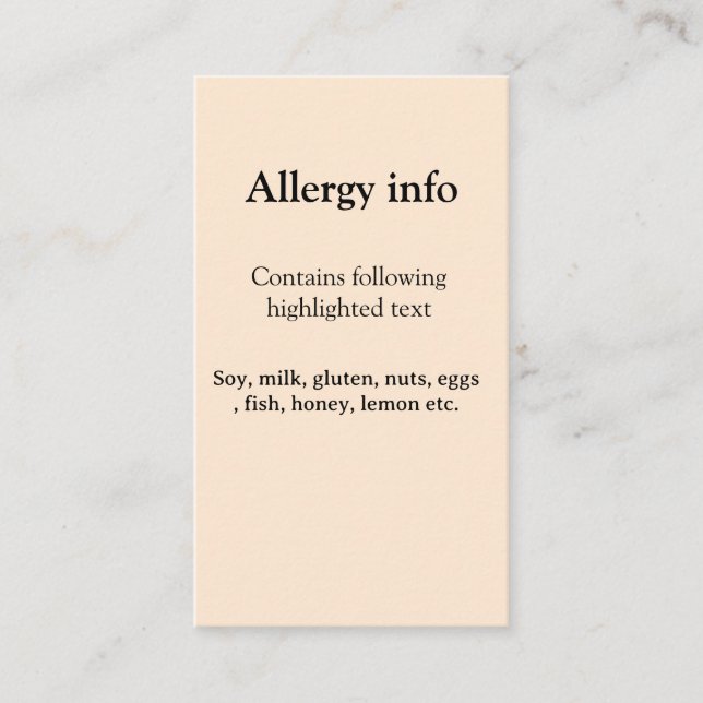 Carte De Visite alerte d'allergie alimentaire ajouter le nom du te (Devant)
