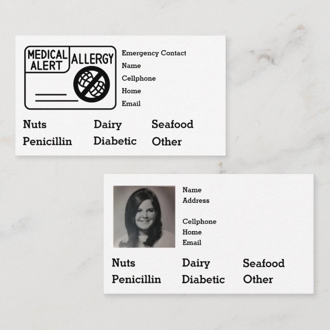 Carte De Visite Alerte Médicale Urgence Allergie Modifiable (Devant / Derrière)