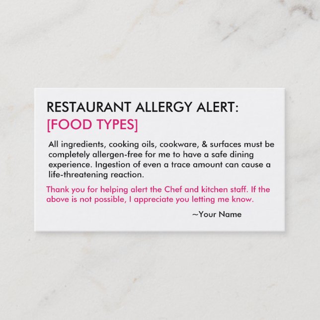 Carte De Visite Allergie personnalisée Restaurant & ICE Card (Devant)