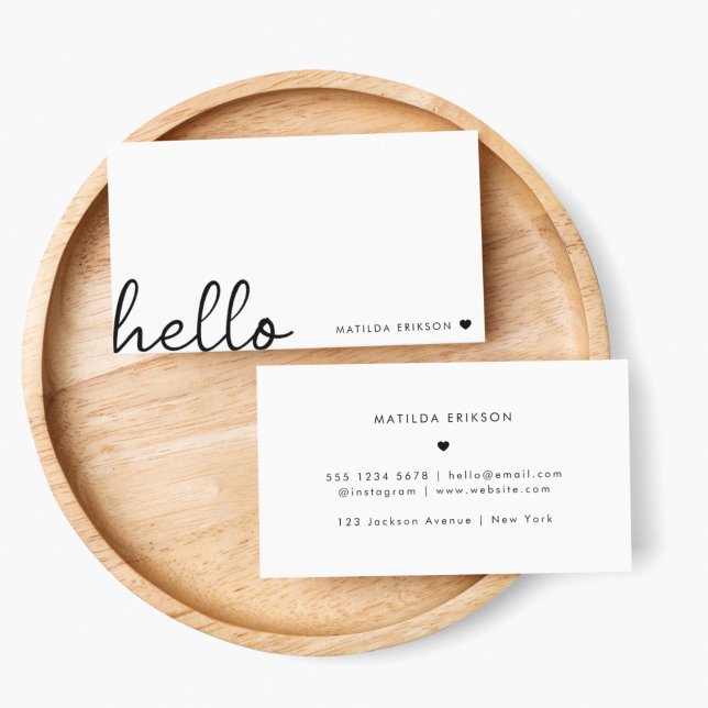Carte De Visite Allo minimal | Coeur moderne propre blanc simple (Minimal handwritten “hello” business cards by Guava - clean, modern & effortlessly stylish)
