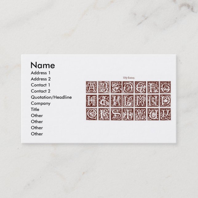 carte de visite alphabet du XVIe siècle (Devant)