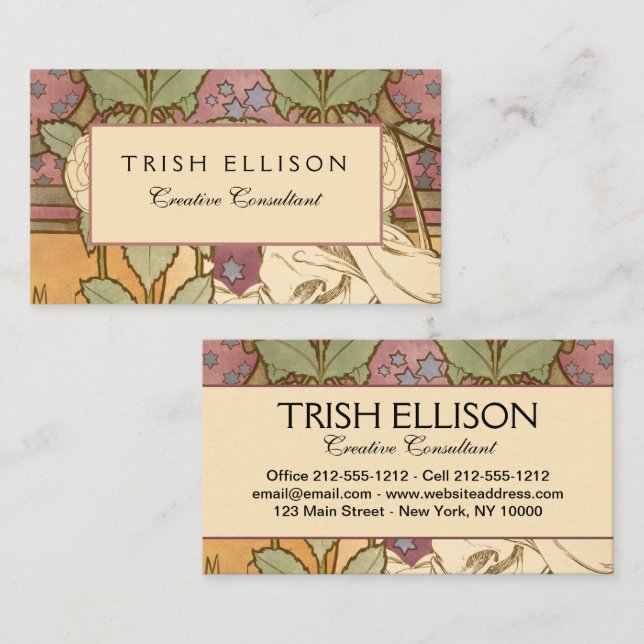 Carte De Visite Alphonse Mucha Elegant Art Nouveau Stars Camellia  (Devant / Derrière)