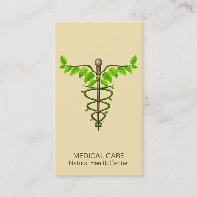 Carte De Visite Alternative Médicale Caduceus Vert Feuilles Beige (Devant)