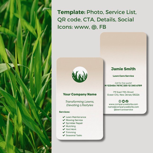 Carte De Visite Amélioration des modes de vie Soins de pelouse per (Elevating Lifestyles Custom Lawn Care Business Card, Green Grass Logo, Service List, Icons)