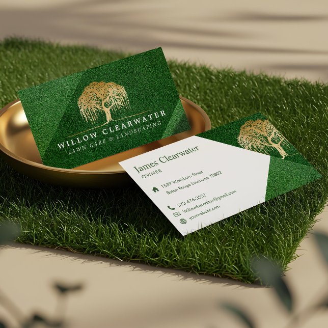 Carte De Visite Aménagement paysager Rustique Moderne Vert et Or A (Rustic Modern Green & Gold Willow Tree Landscaping Business Card)