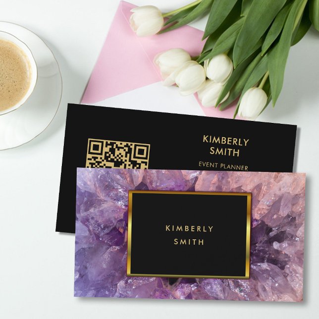 Carte De Visite Améthyste mauve en or gemstone code QR professionn (Elegant purple amethyst, gold black, QR code professional business card,)