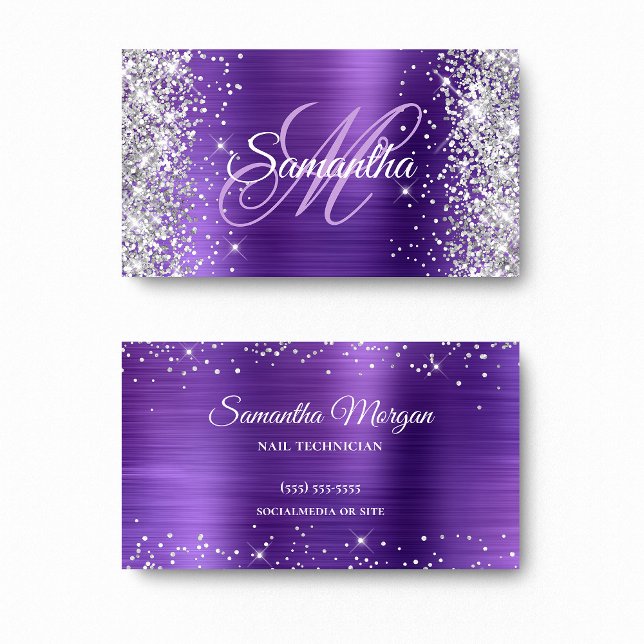 Carte De Visite Améthyste Paillettes Argentées Monogramme Violet F (Silver Glitter Amethyst Foil Purple Monogram Business Card)