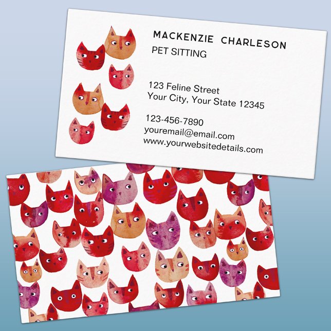 Carte de visite amusante pour gardien de chat (Fun watercolor kitty cat pet sitting custom business cards)