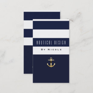 Carte De Visite Ancre nautique d'or de rayure bleue et blanche