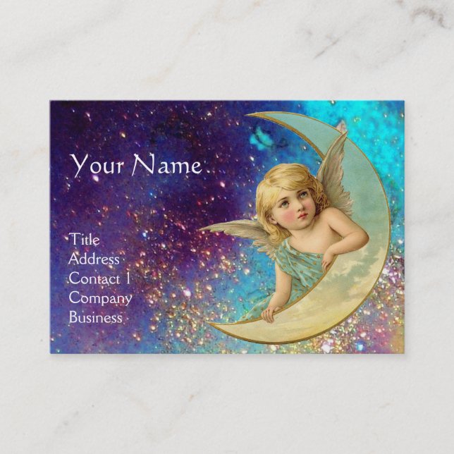 CARTE DE VISITE ANGE DE LA LUNE EN BLEU OR JAUNE SPARKLES MONOGRAM (Devant)