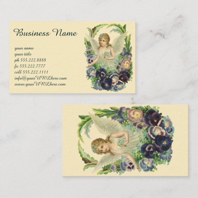 Carte De Visite Ange de Pâques victorien avec Fleurs de Pansy Viol (Devant / Derrière)