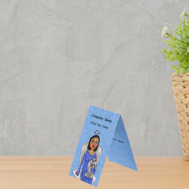 Carte De Visite Angel Blanc ailes sur nuage Blanc Ange Chat Bleu (Angel blue eyes dress holding white angel cat on cloud on sky blue standing business cards.)