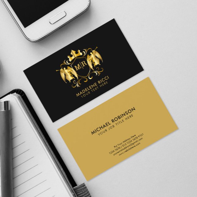 Carte De Visite Angels Crest | Luxuriante Gold Initial en noir (Créateur téléchargé)