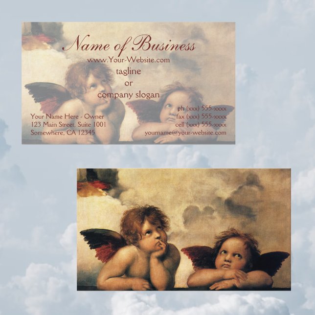 Carte De Visite Anges de la Madone Sixtine par Raphaël Raffaello (Sistine Madonna Angels by Raphael features two angels looking upwards towards the clouds and heaven.)