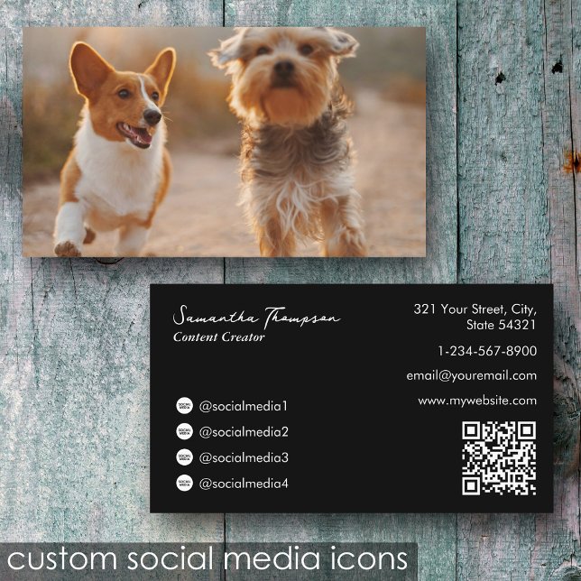 Carte De Visite Animal Pet Influencer Full Photo QR Code noir (Animal Pet Influencer Full Photo QR Code Black Business Card)