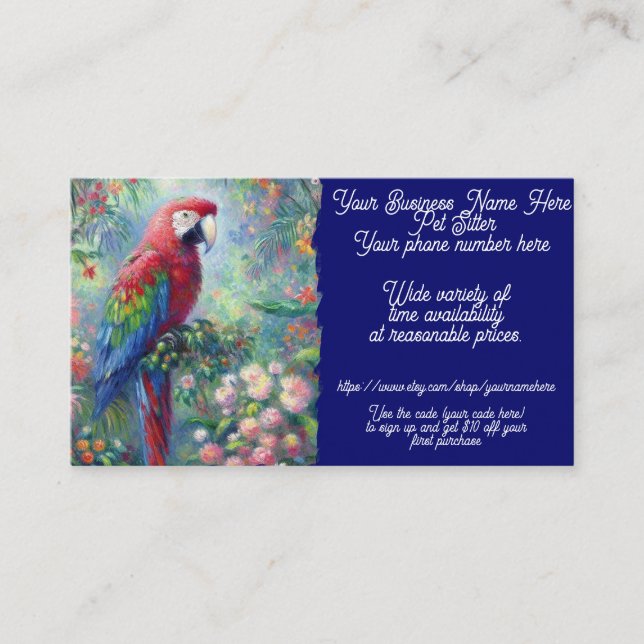 Carte De Visite Animaux de compagnie Sitter Parrot Oiseau Fleurs d (Devant)