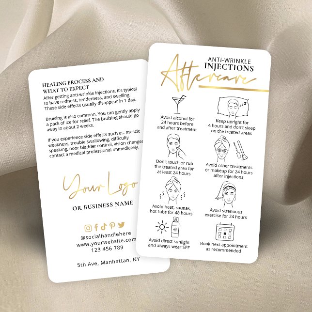 Carte De Visite Anti Wrinkle Injections Gold Logo Aftercare Beauté (Anti-wrinkle injections post-treatment care instructions cards with faux gold effects & care icons)