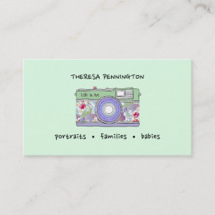 Carte De Visite Appareil photo dessiné à la main floral lavande ve