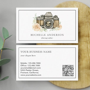 Carte De Visite Appareil photo floral vintage code QR photographe