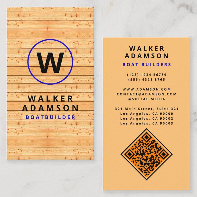 Carte De Visite Apparence Moderne de Bois Veiné - Code QR Monogram (wood business card)