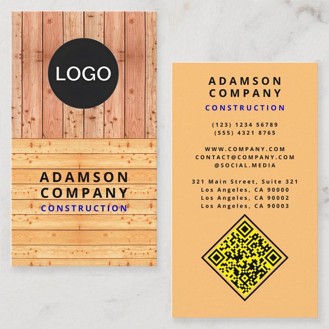 Carte De Visite Apparence professionnelle de grain de bois - Logo  (Modern Professional Wood Grain Look - Logo / QR Code Business Card)
