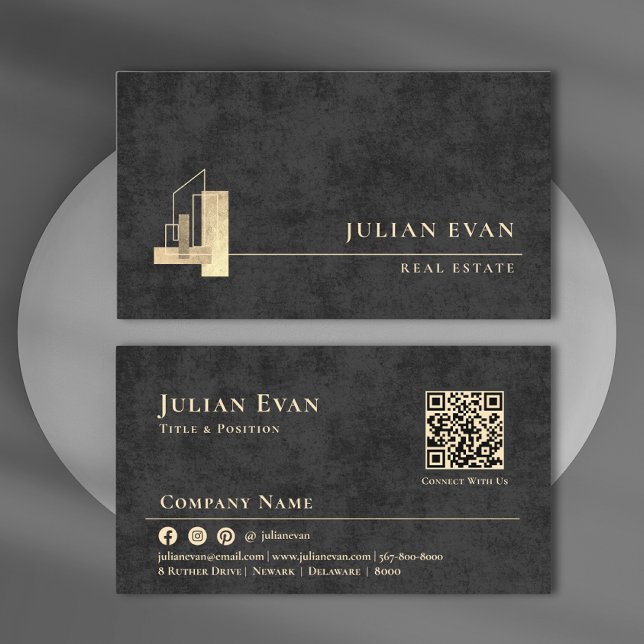 Carte De Visite Appartement Moderne Logo Doré Brillants Agent Immo (Modern Apartment Shiny Gold Logo Black Realtor Business Card)