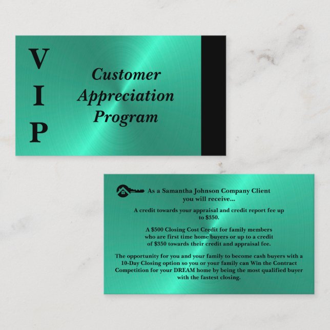 Carte De Visite Appréciation de la clientèle VIP Noir & Turquoise  (Devant / Derrière)