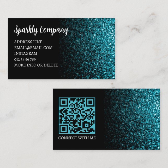 Carte De Visite Aqua bleu faux scintillant noir élégant code QR (Devant / Derrière)