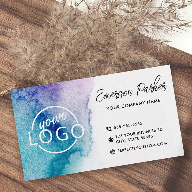 Carte De Visite Aqua bleu violet aquarelle personnalisée logo mini (Créateur téléchargé)