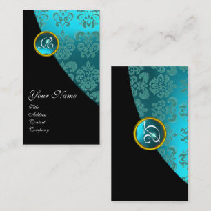Carte De Visite AQUA BLUE DAMASK GEMSTONE MONOGRAS Turquoise noir