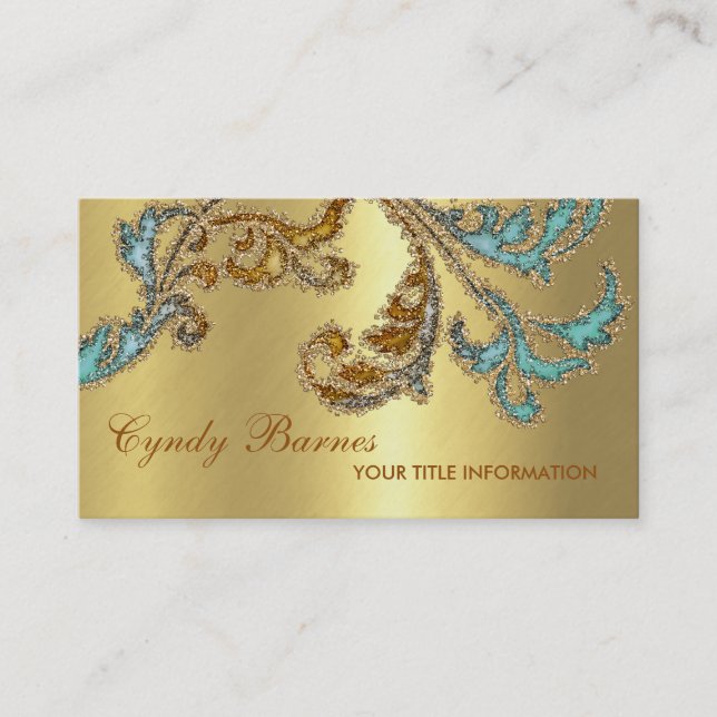 Carte De Visite Aqua et Bronze Glittery Damask Design (Devant)